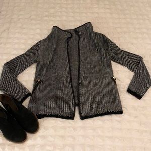 Open cardigan, gold zippers, leather trim!